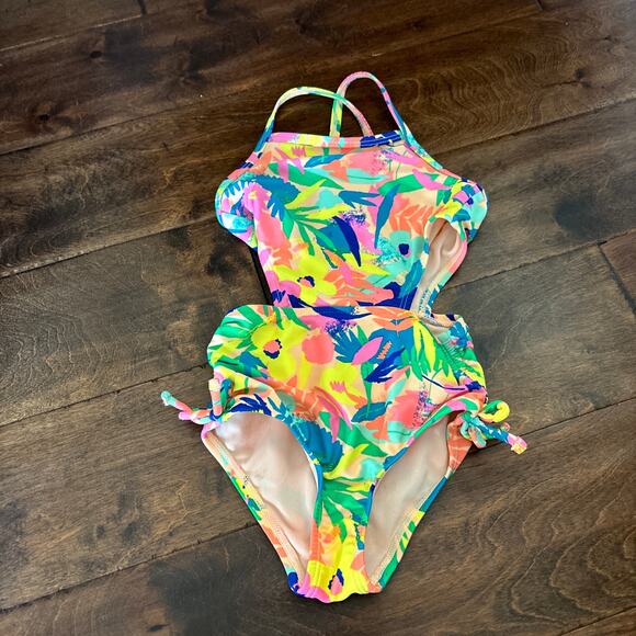 Cat and Jack Girls 3t Swimsuit Yellow Blue Green Floral One Piece Tropical - Picture 1 of 5